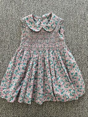 Smocked Floral Peter Pan Collar Dress in Pink and Teal